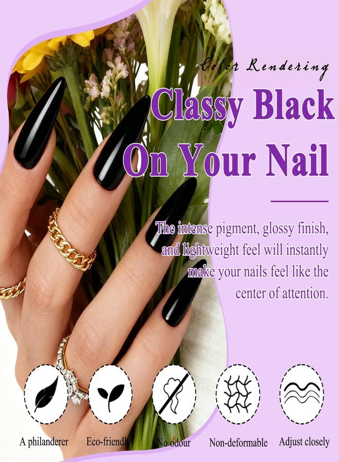 LuckForever 144pc Black Press on Nails Long Stiletto Fake Nails with Glue Tabs, Black Nails Press ons Nails Stiletto Glue on Nail Pointy Acrylic Nails Stick False Artificial Fingernail for Women Girls - Image 2